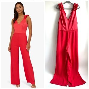 Adrianna Papell Ruffle Shoulder Stretch Crepe Jumpsuit Calypso Coral Size 18